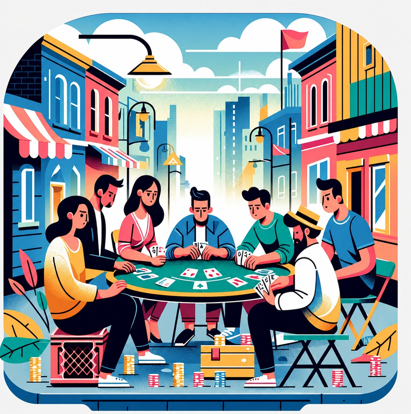 En grupp människor som spelar poker runt ett bord på en färgglad stadsgata