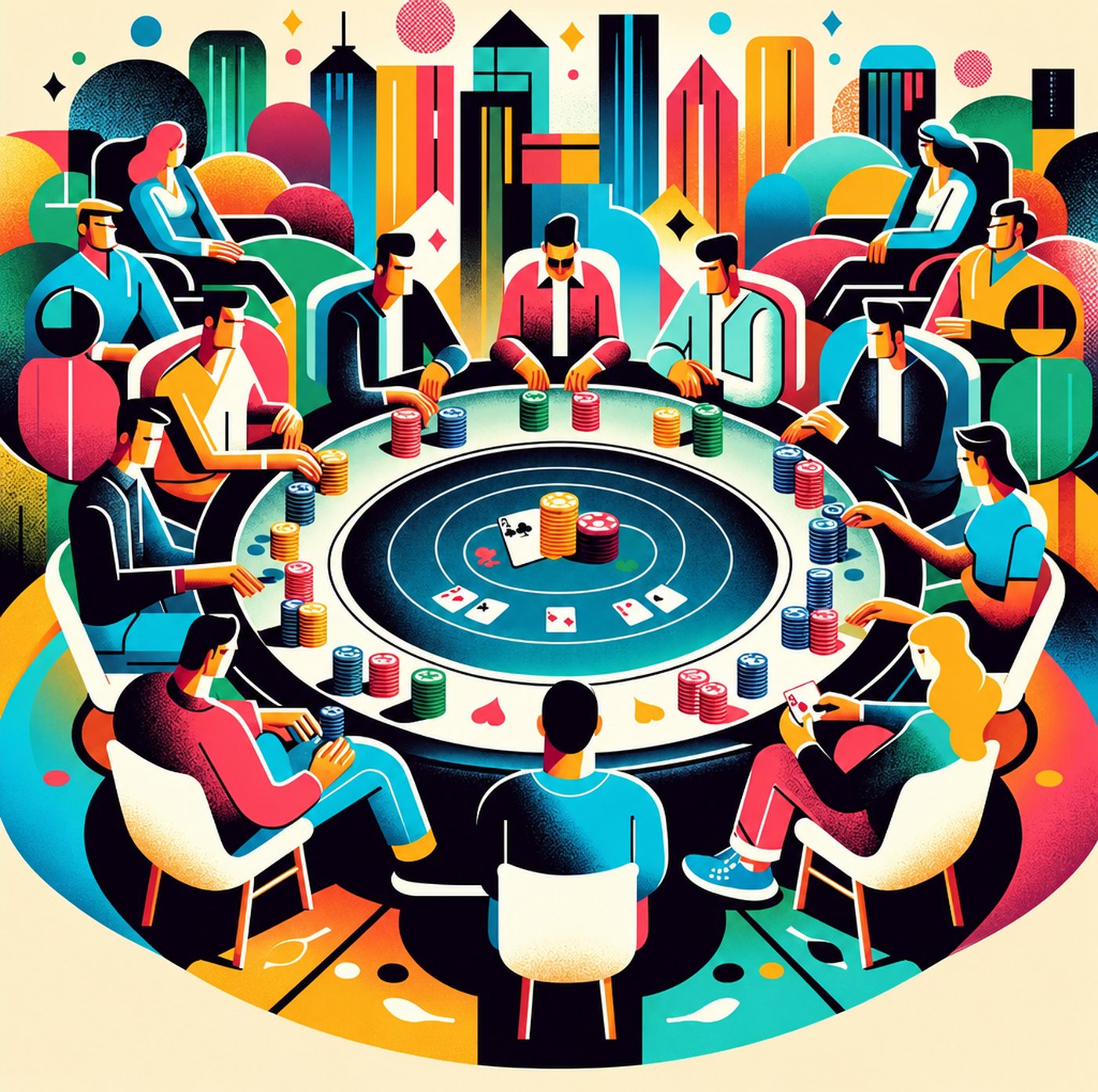 Färgstark illustration av människor som sitter runt ett pokerbord och spelar kort