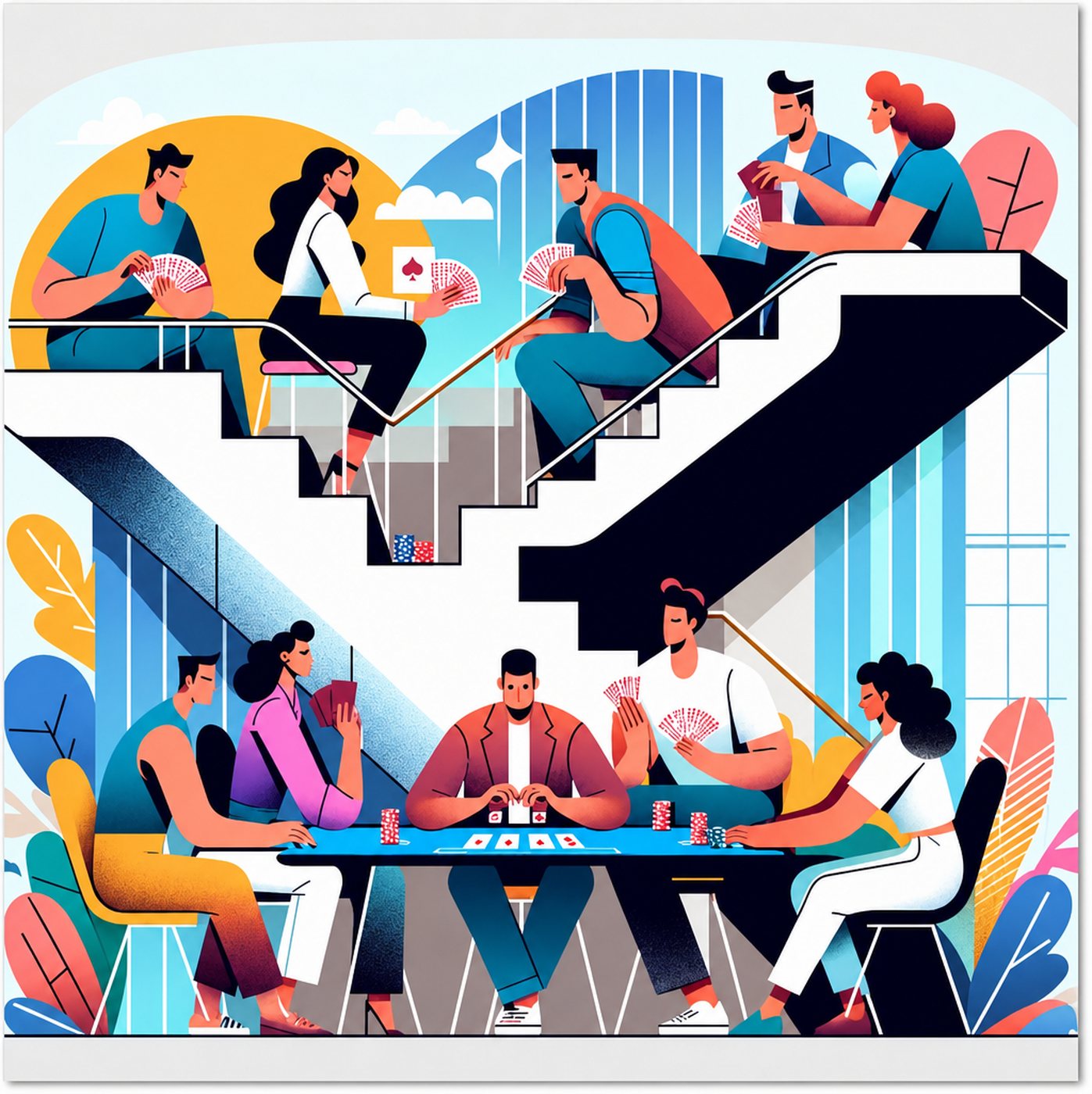 Illustration av människor som spelar poker vid ett bord och på trappor