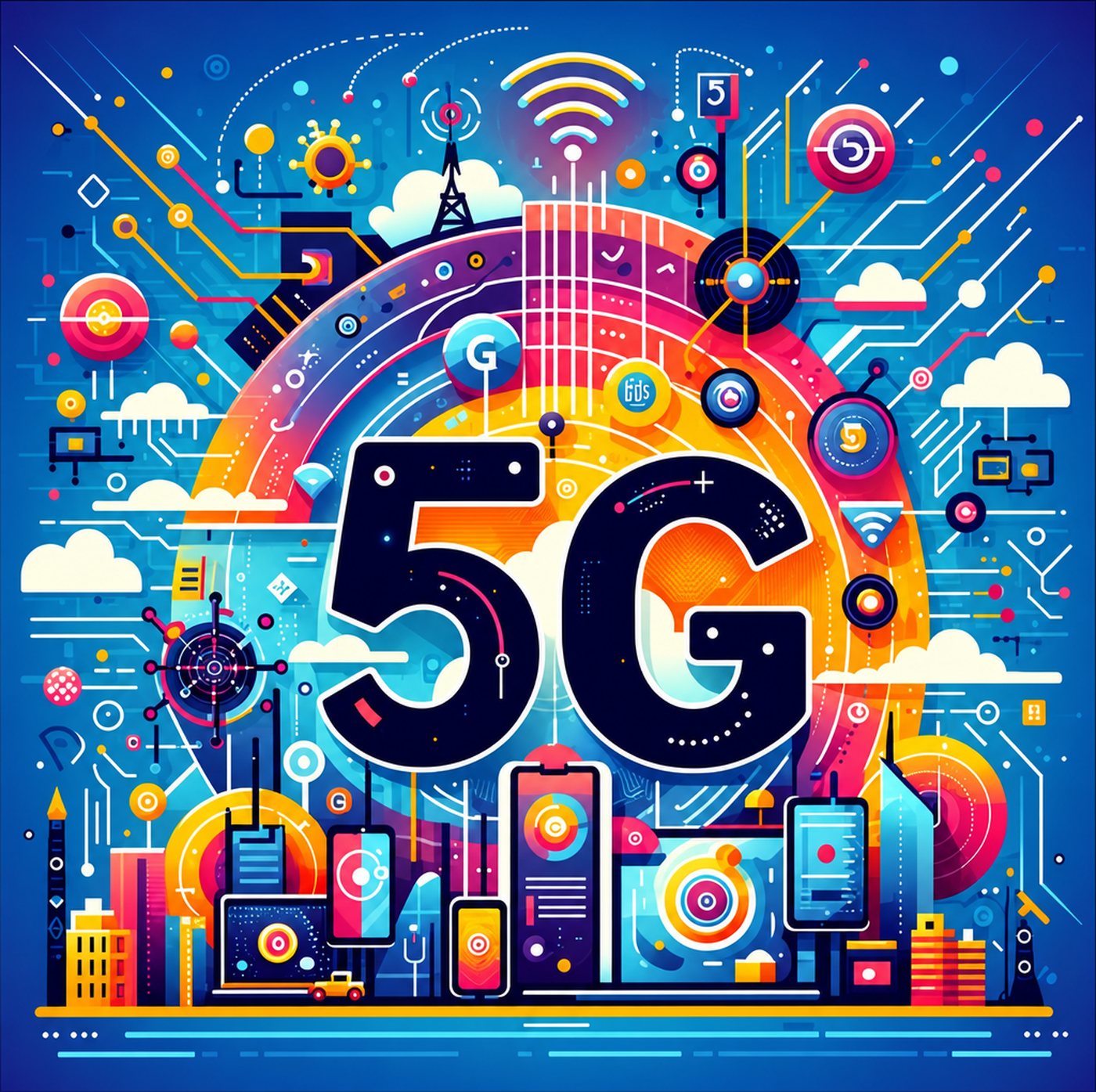 Färgglad grafisk illustration med 5G-symbol, kretskortsmönster och digitala enheter