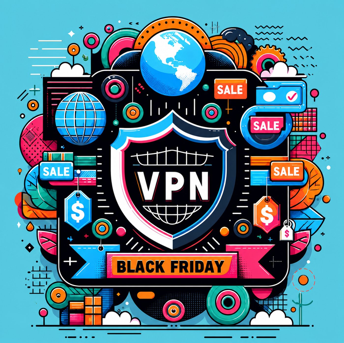 Färgglad illustration med VPN-sköld och Black Friday-reaelement mot blå bakgrund