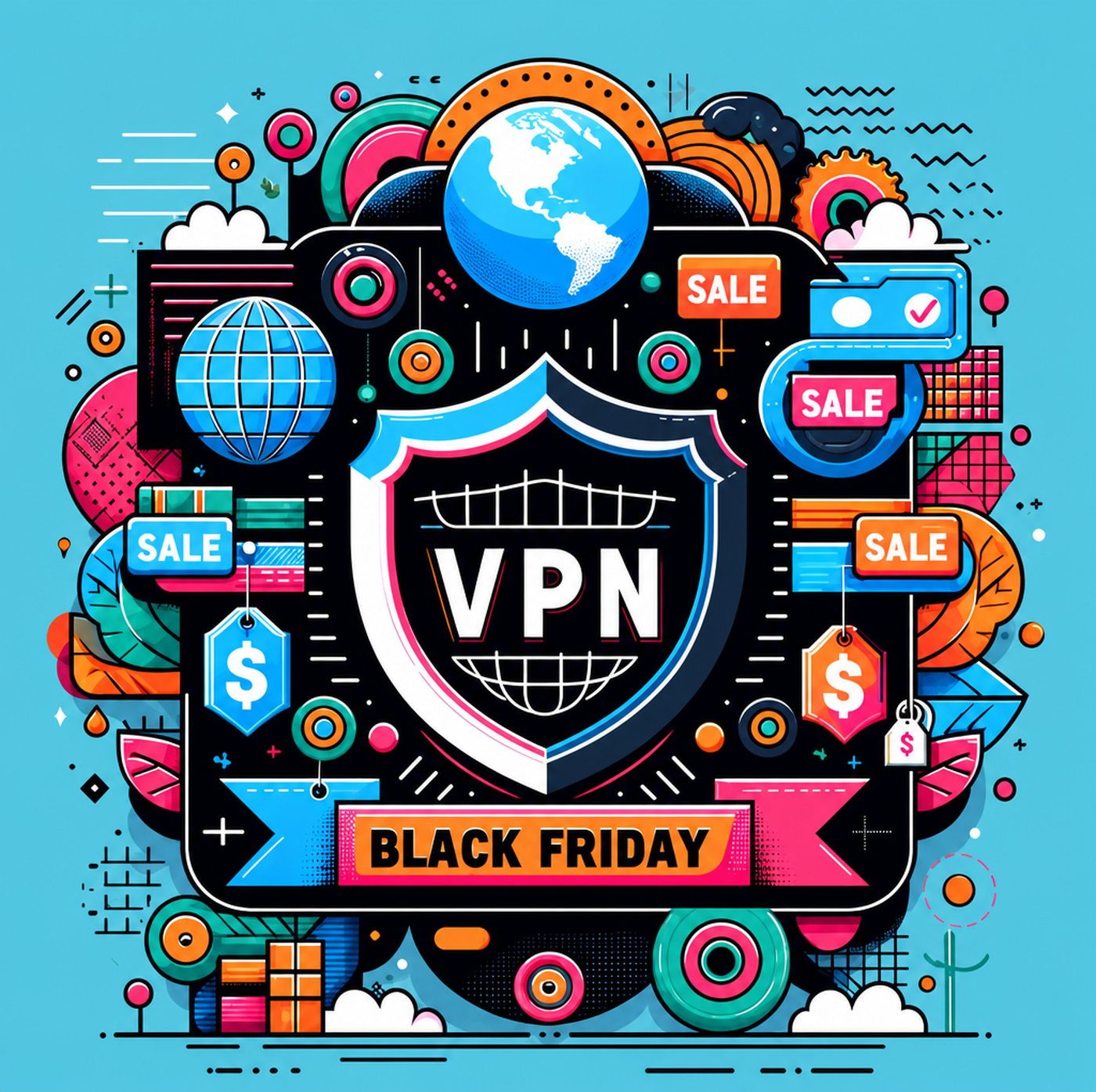 Grafisk illustration med en sköld, jordklot och texten VPN Black Friday