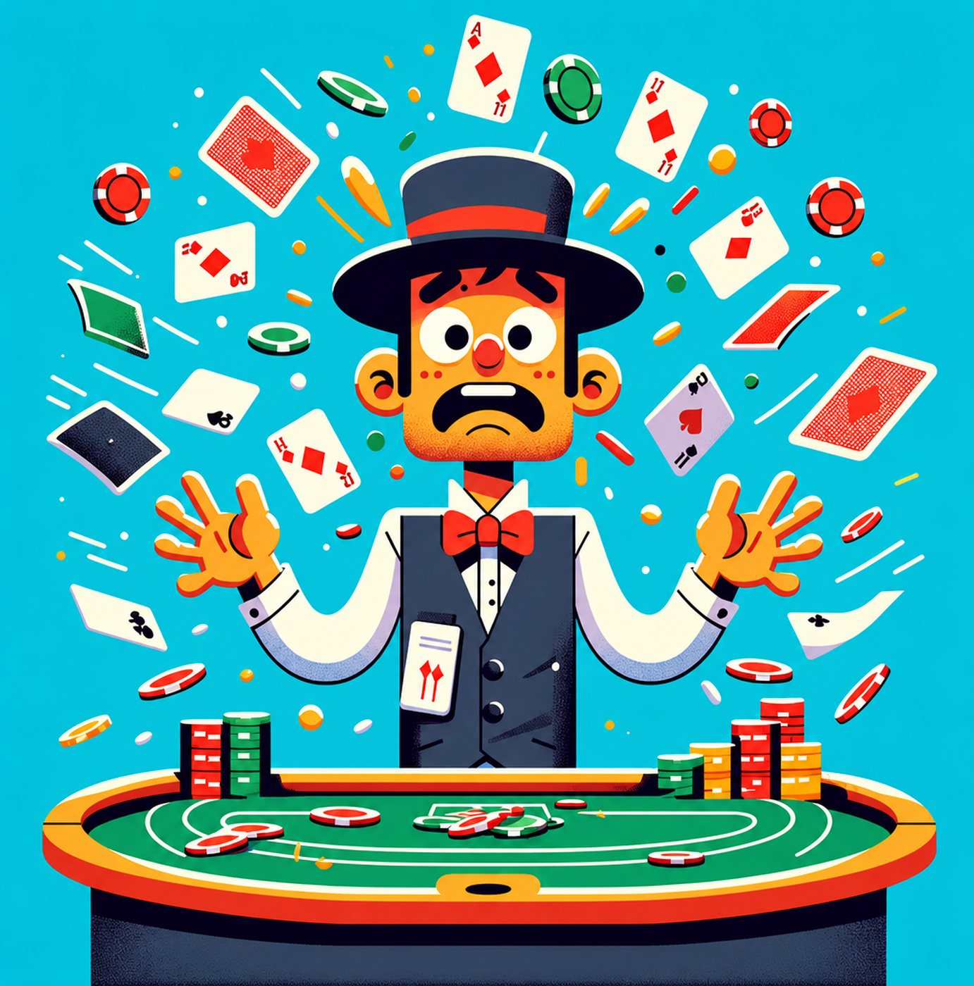 Stressad pokerdealer som råkat kasta upp spelkort och marker i luften