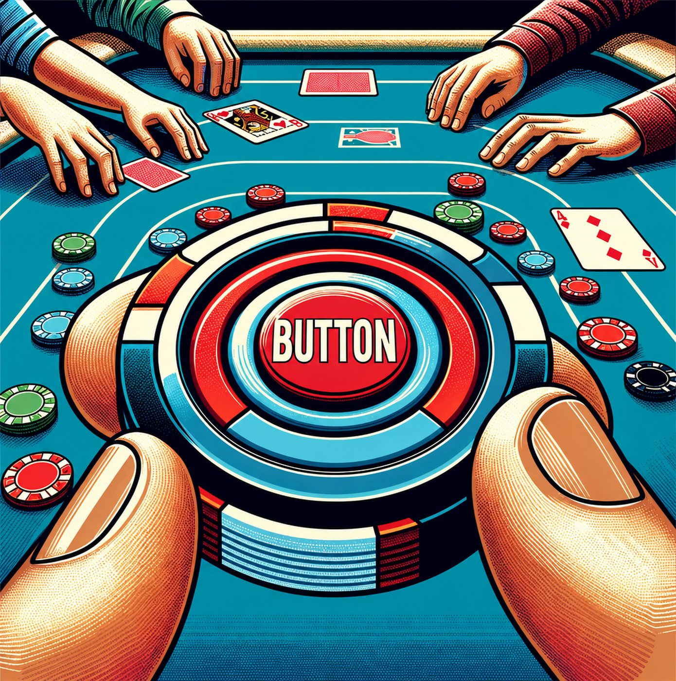 Händer som håller i en stor marker med texten button vid ett pokerbord