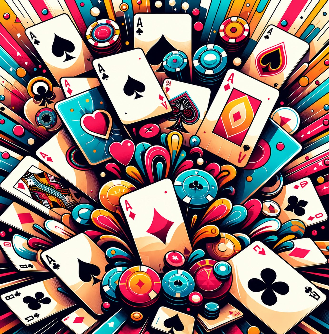 Färgglad illustration av spelkort och pokerchips i en dynamisk explosion