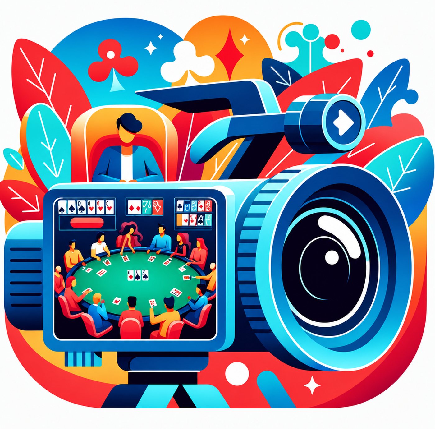 Färgstark illustration av en videokamera som filmar ett pokerspel vid ett bord
