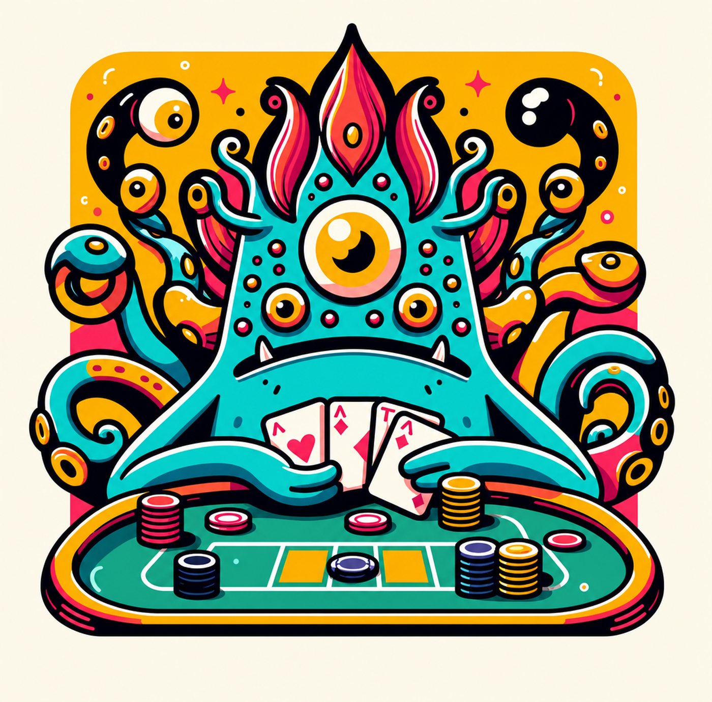 Färgglatt monster med tentakler som sitter vid ett pokerbord med kort och marker