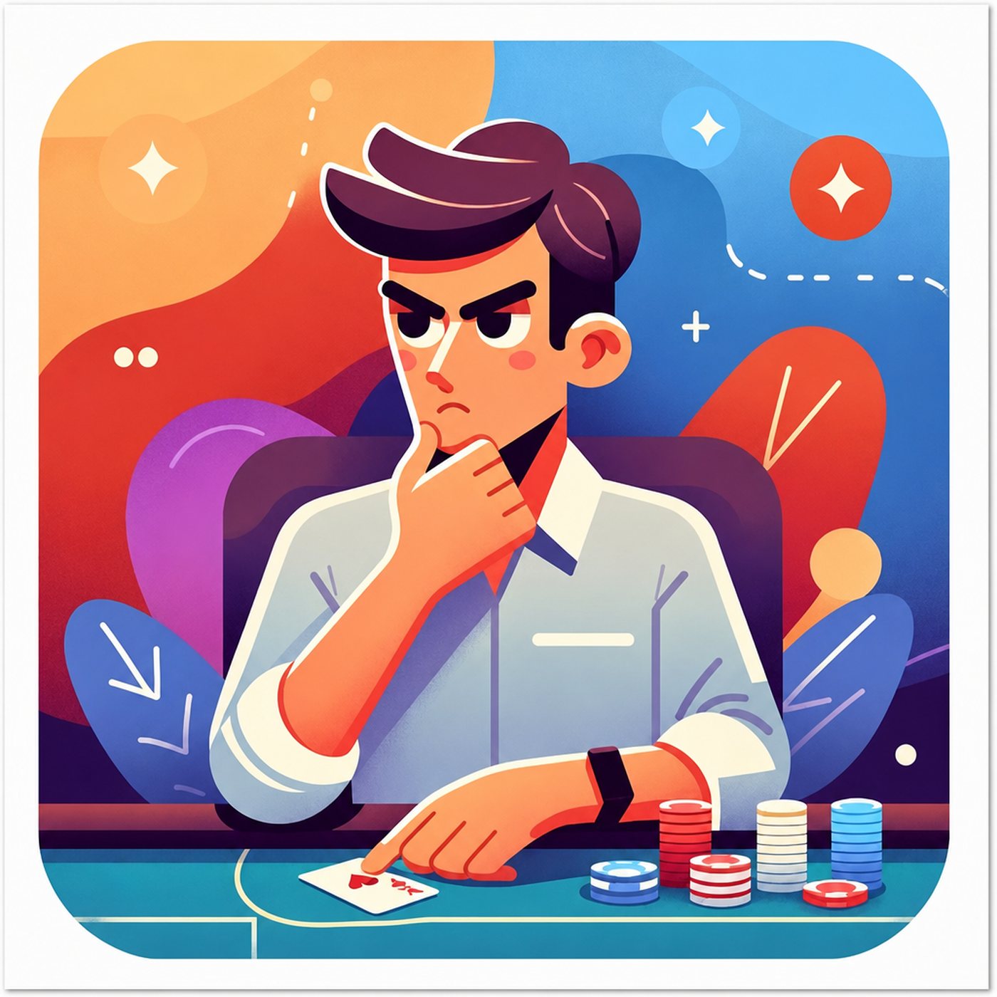 Illusterad man som tänker koncentrerat vid ett pokerbord med spelmarker