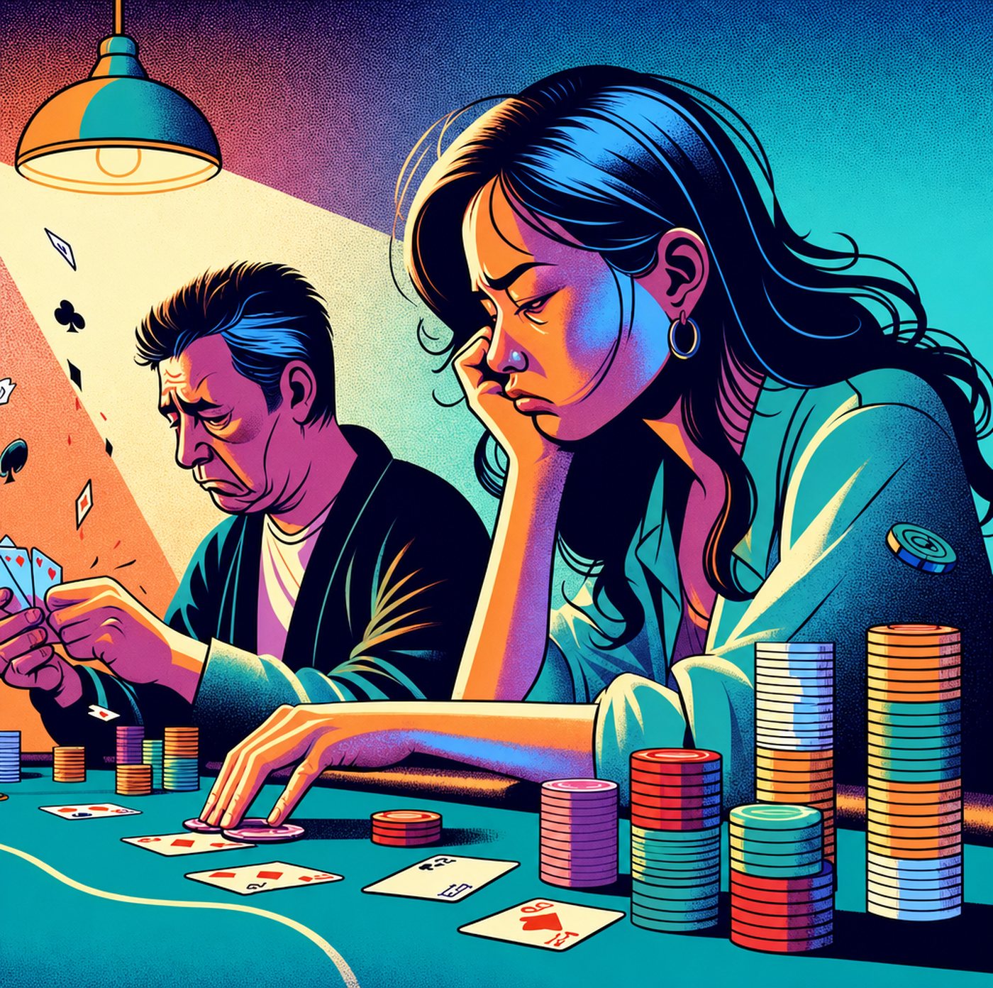 Kvinna och man ser nedstämda ut vid ett pokerbord med spelmarker