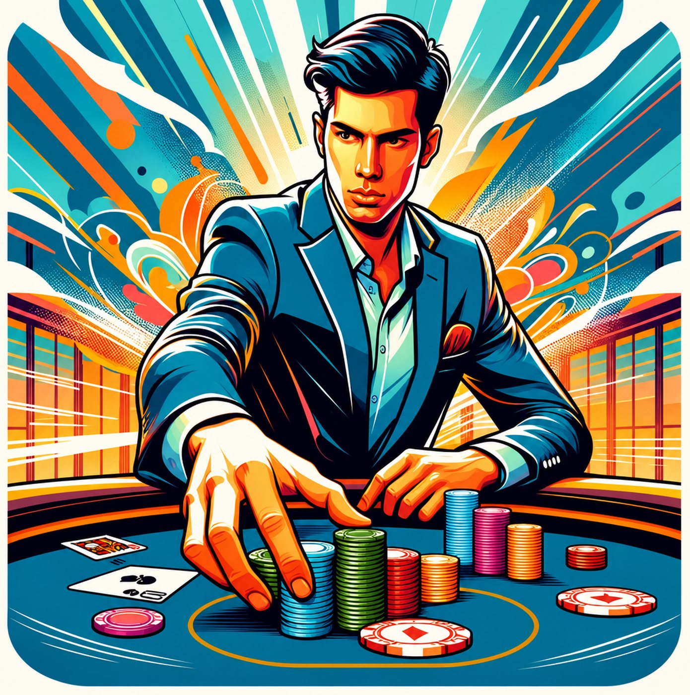 Man i kostym som placerar marker på ett pokerbord med spelkort