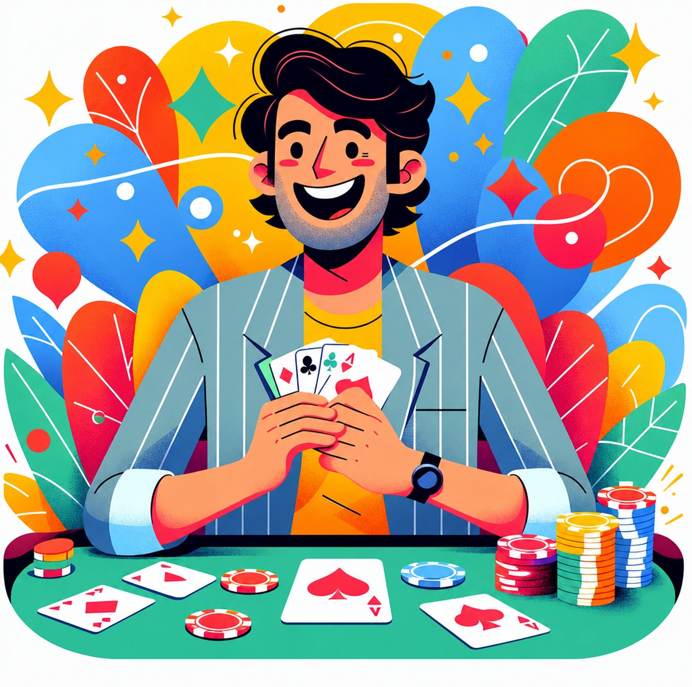 Glad man i kavaj som håller en hand med spelkort vid ett pokerbord