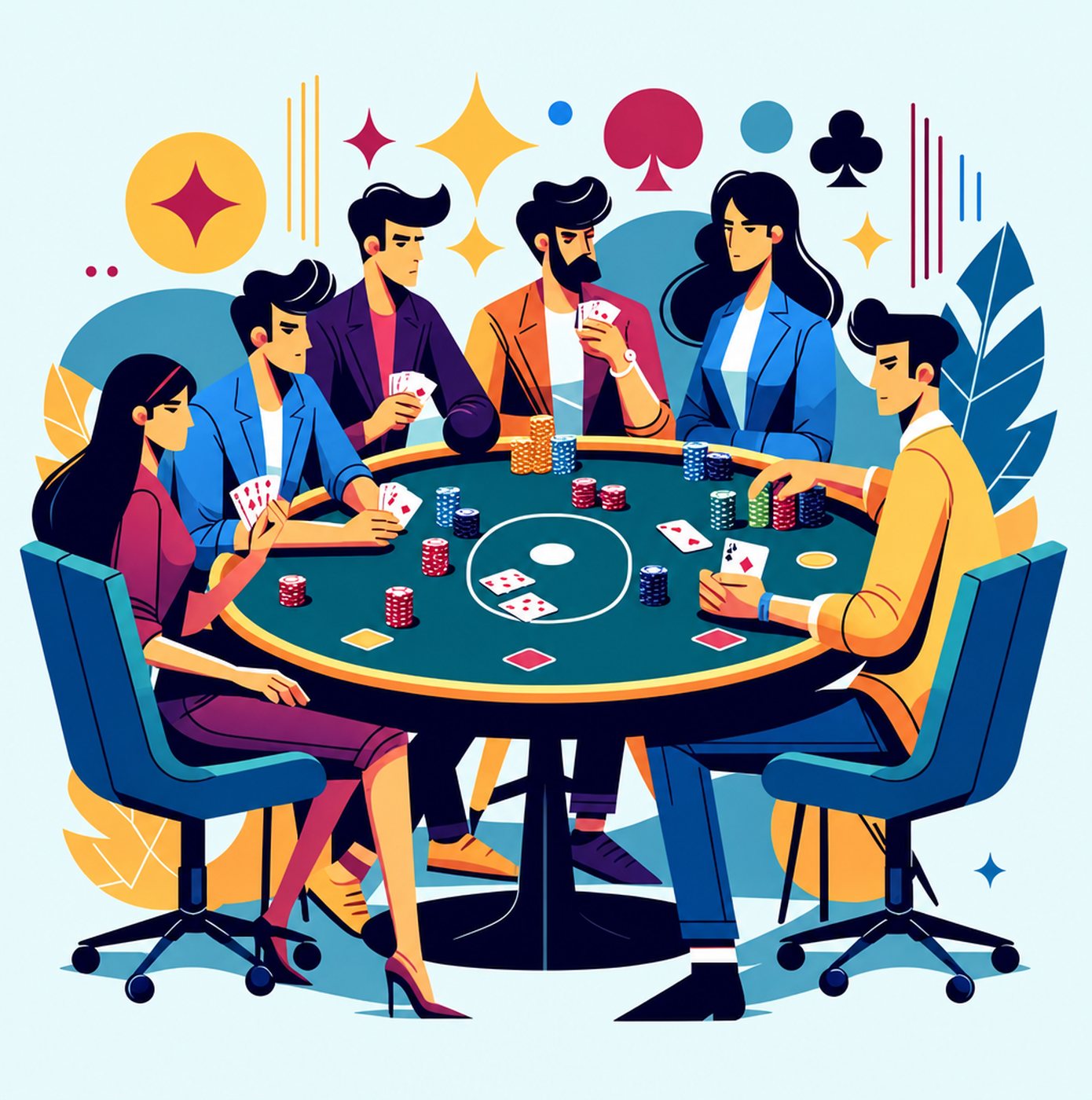 Illustration av fem personer som sitter samlade runt ett spelbord med poker marker och kort