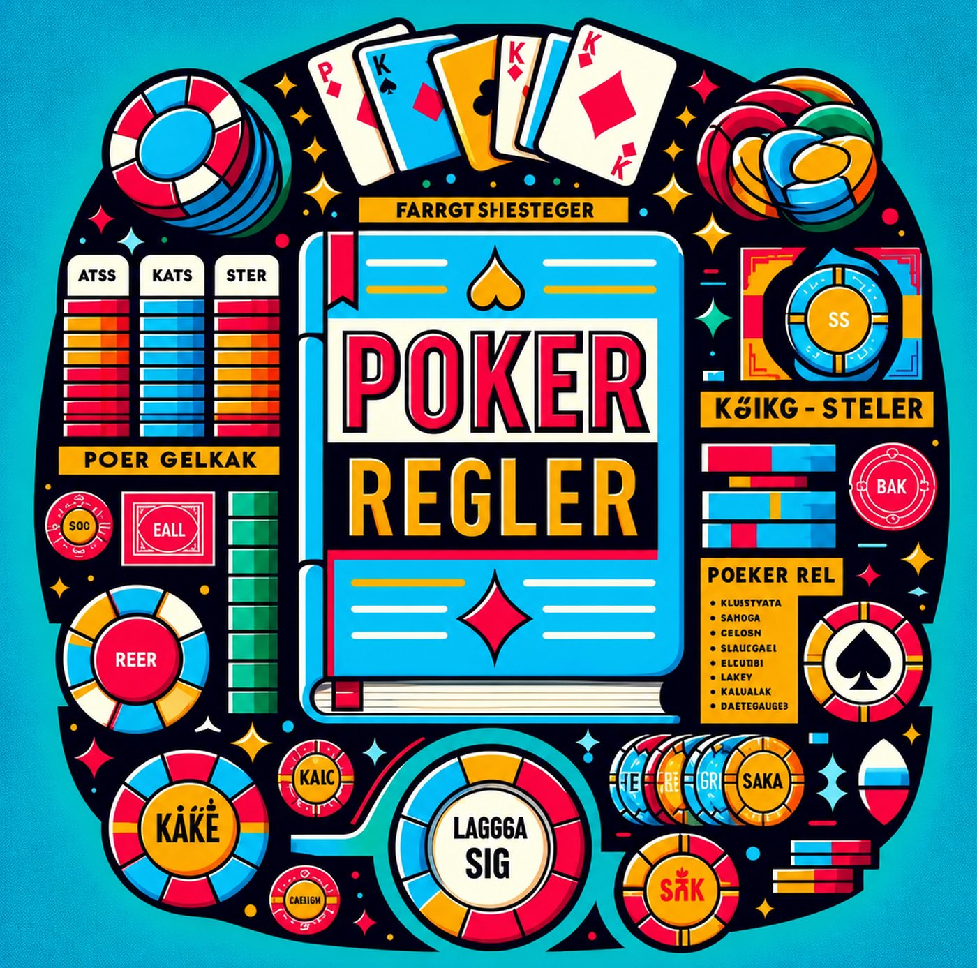 Grafisk illustration med pokerkort, spelmarker och en bok med texten Poker Regler