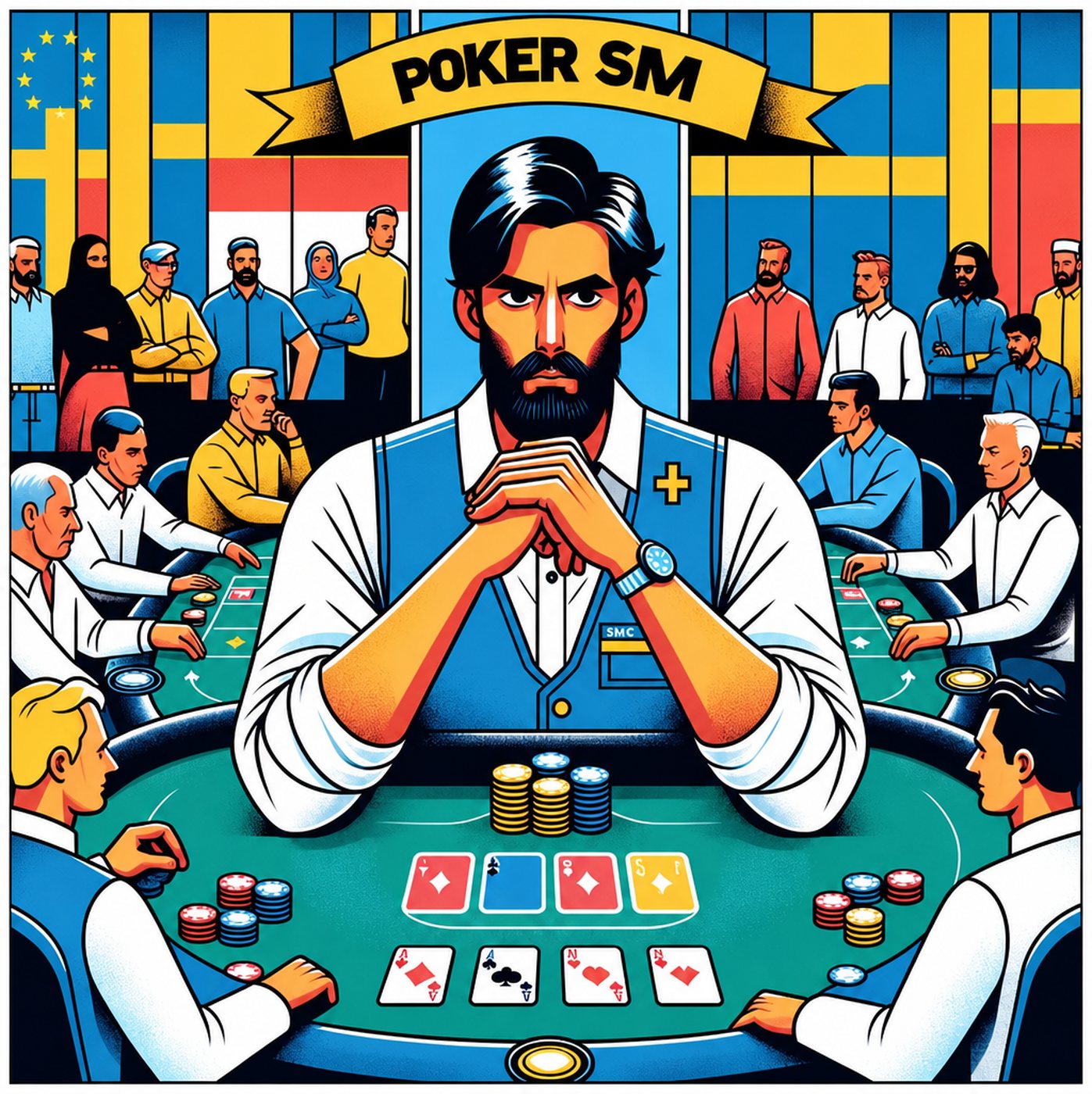 Illustration av pokerspelare kring ett bord med svensk flagga i bakgrunden
