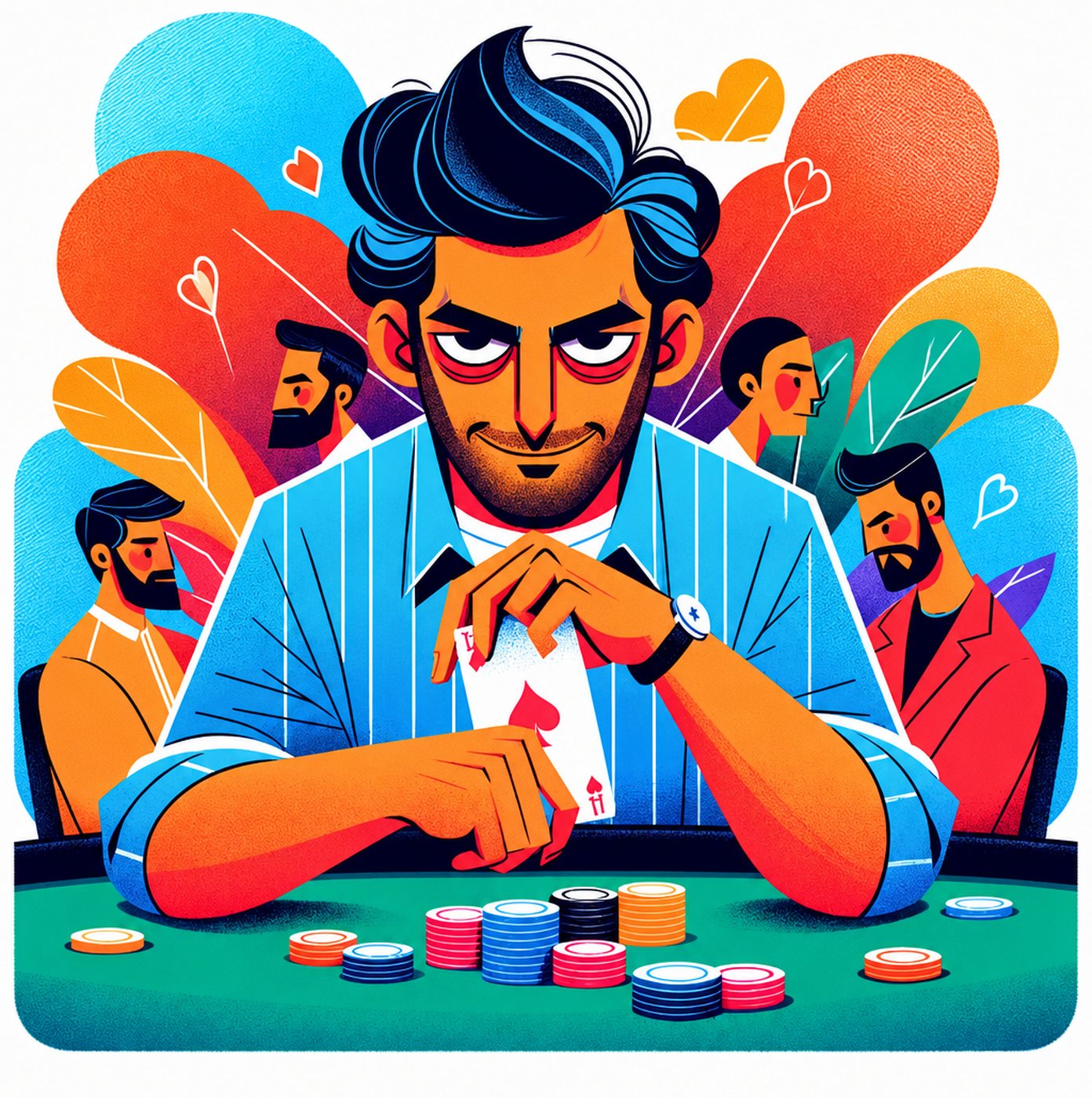 Illustration av en man vid ett pokerbord omgiven av andra män