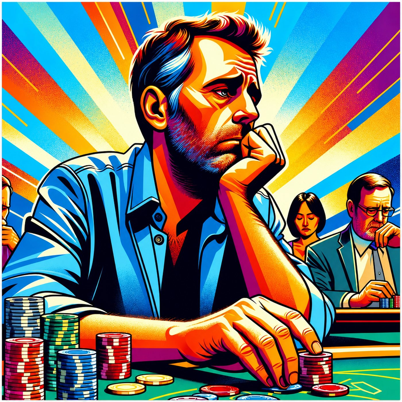 Pokerspelare som ser fundersam ut vid ett bord med färgglada spelmarker