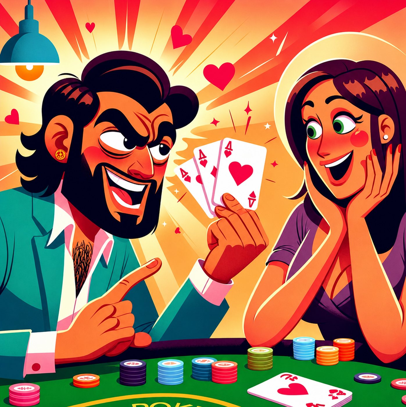 Man visar upp tre ess för en glad kvinna vid ett pokerbord