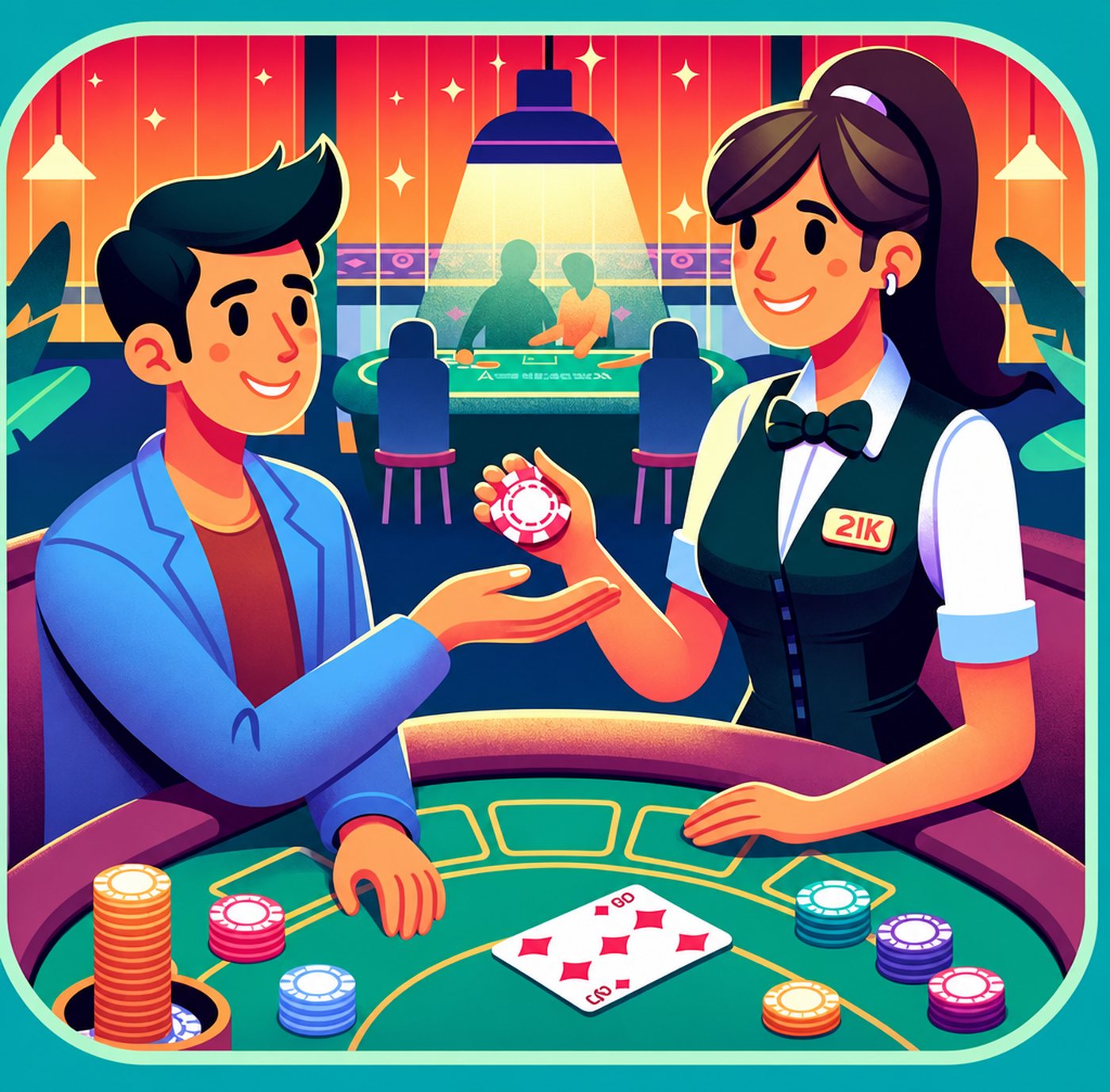 En leende pokerspelare ger dricks till en croupier vid ett spelbord