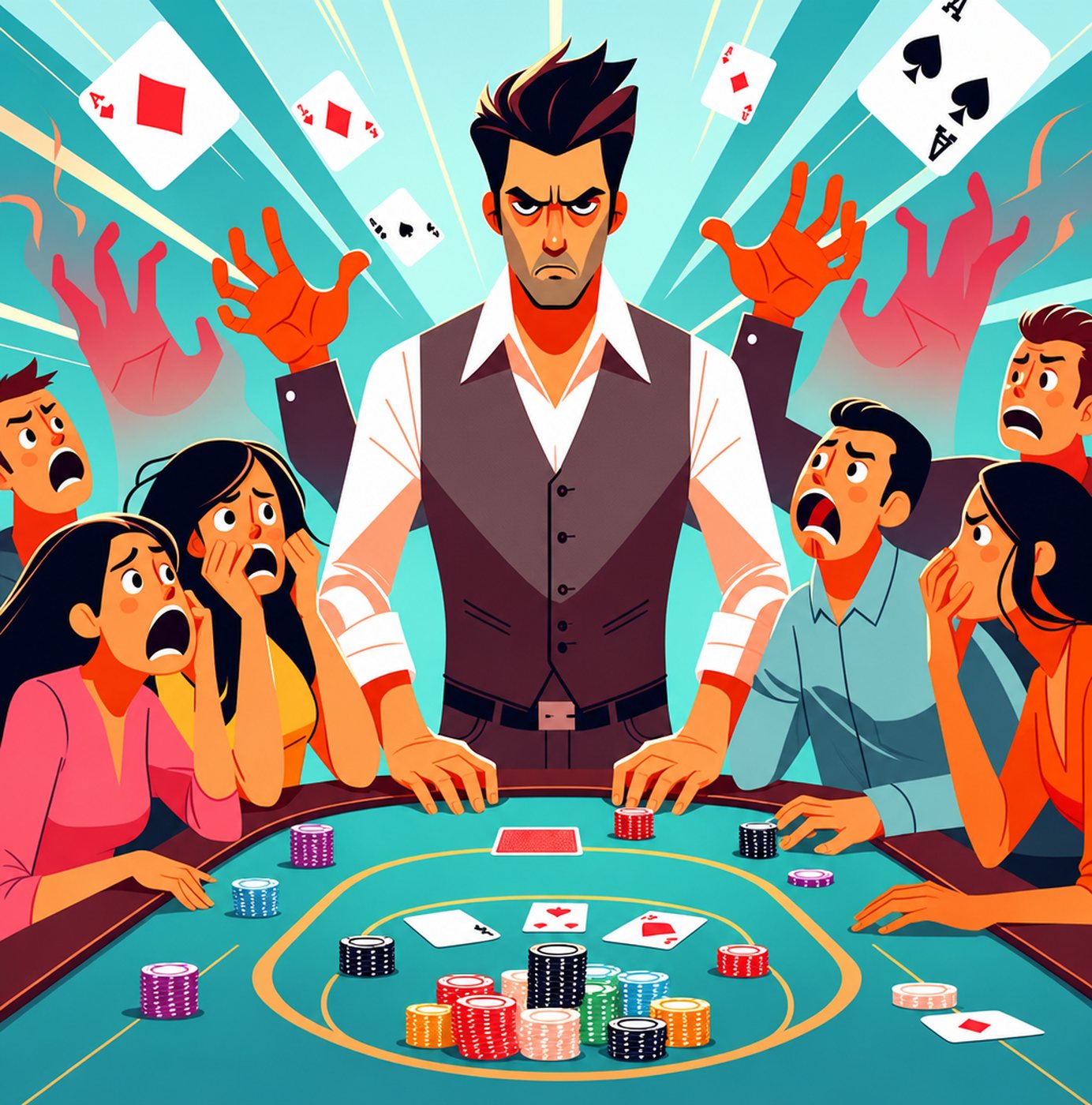 En intensiv pokerspelare dominerar bordet medan motståndare ser chockade ut