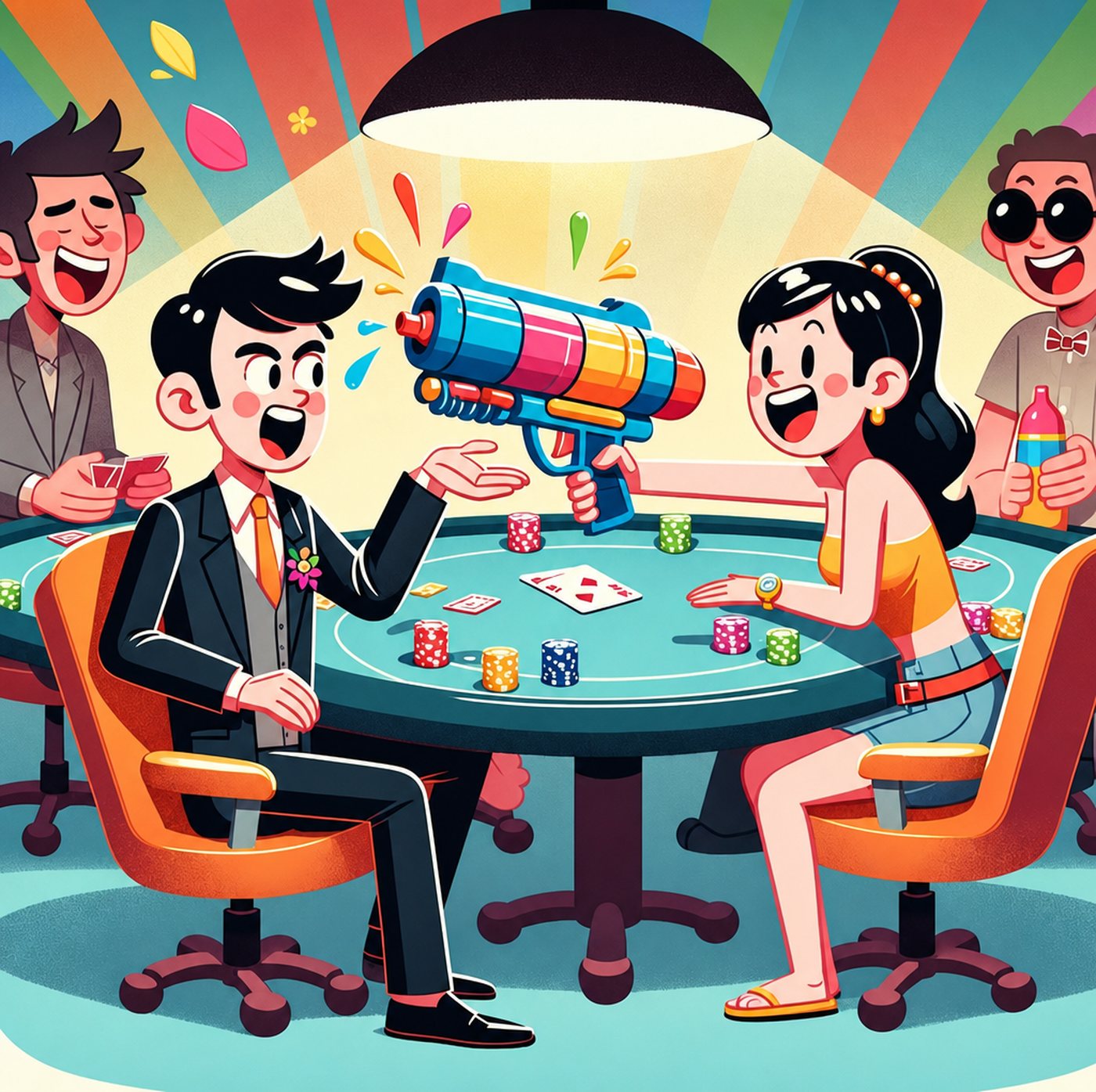 Illustration av personer som spelar poker där en kvinna siktar med en vattenpistol