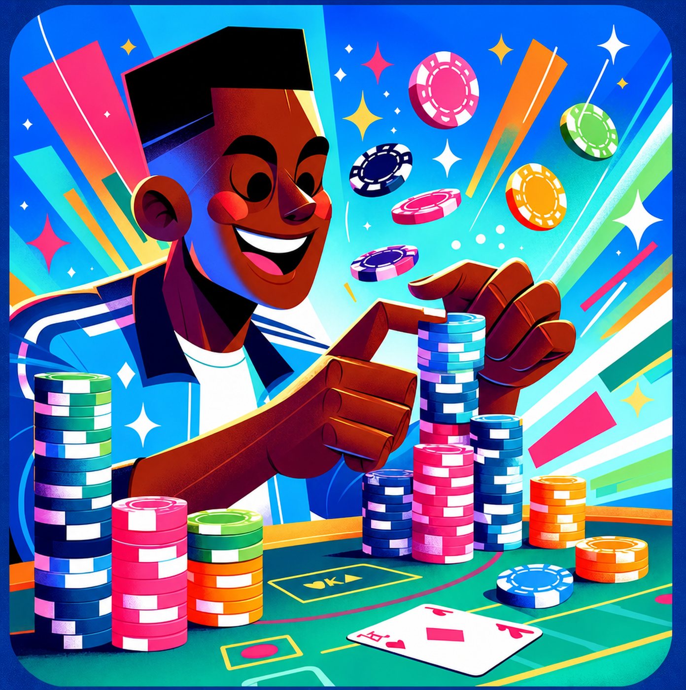 Glad person som staplar och leker med färgglada pokermarker vid ett spelbord
