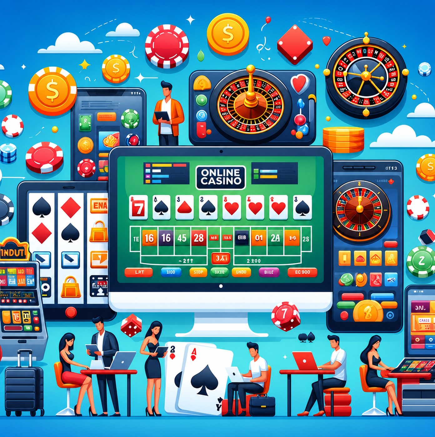Illustration av människor som spelar på olika digitala casinoplattformar och spelautomater
