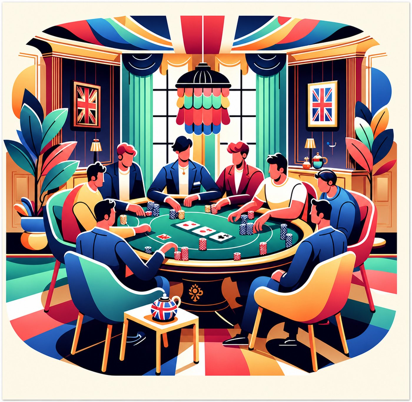 Illustration av en grupp män som spelar poker runt ett bord i ett brittiskt inrett rum