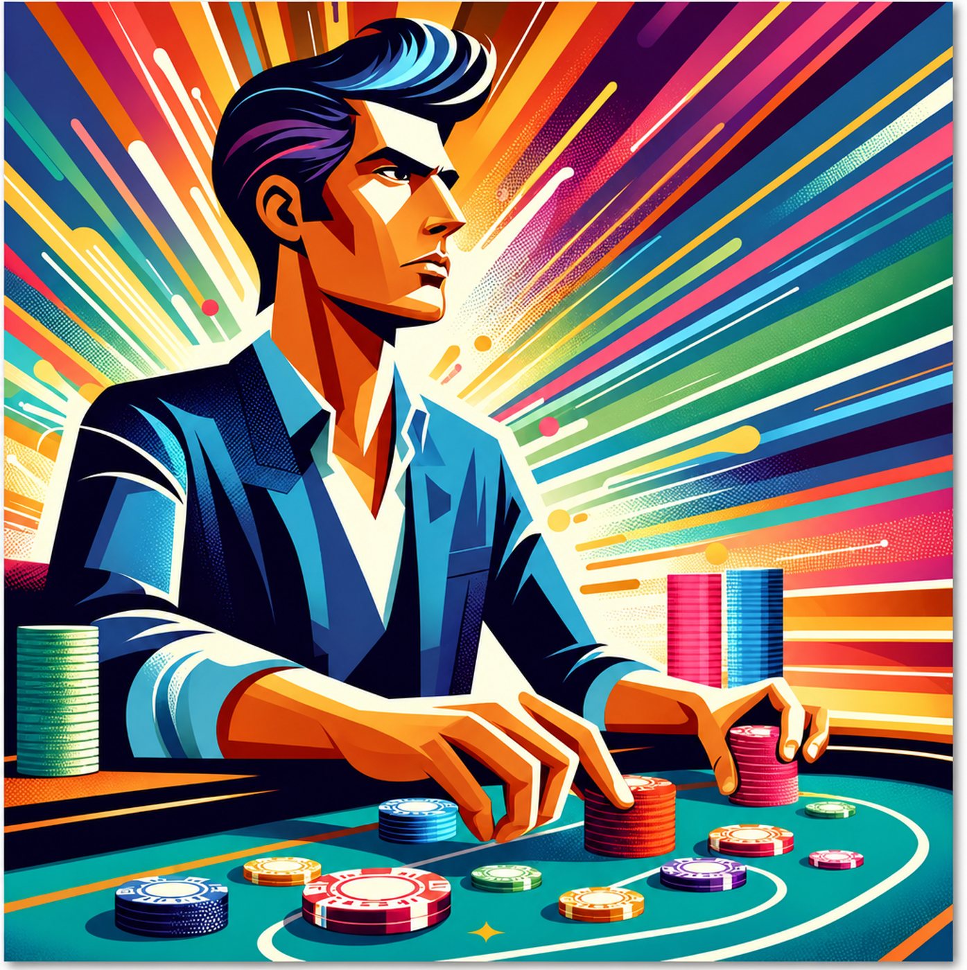 En man vid ett pokerspelande bord med marker mot färgglad bakgrund