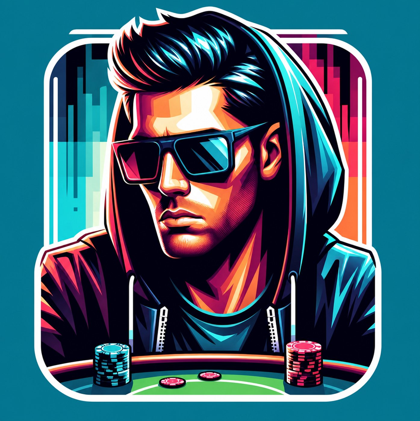 Färgglad illustration av en pokerspelare i huvtröja och solglasögon vid ett spelbord