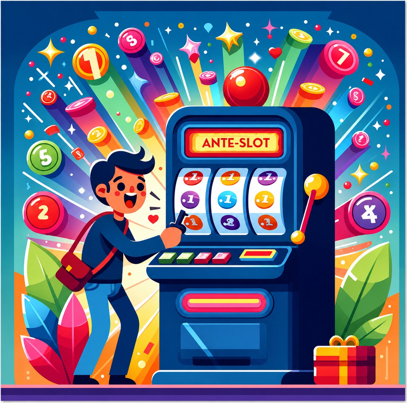 Glad person som spelar på en färgglad spelautomat omgiven av svävande symboler och mynt