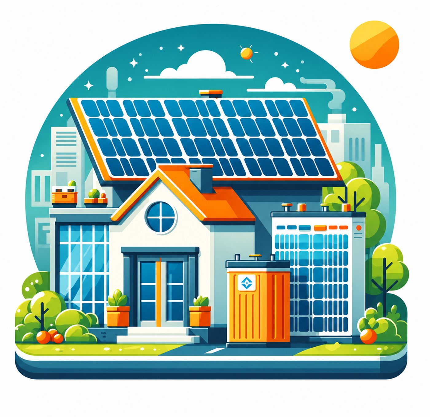 Illustration av hus med solpaneler på taket och ett energilagringsbatteri på tomten