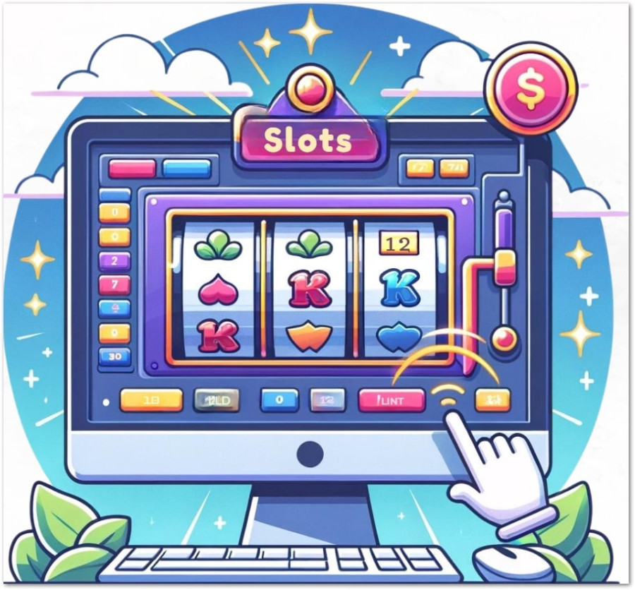En hand som spelar på en animerad spelautomat på en datorskärm