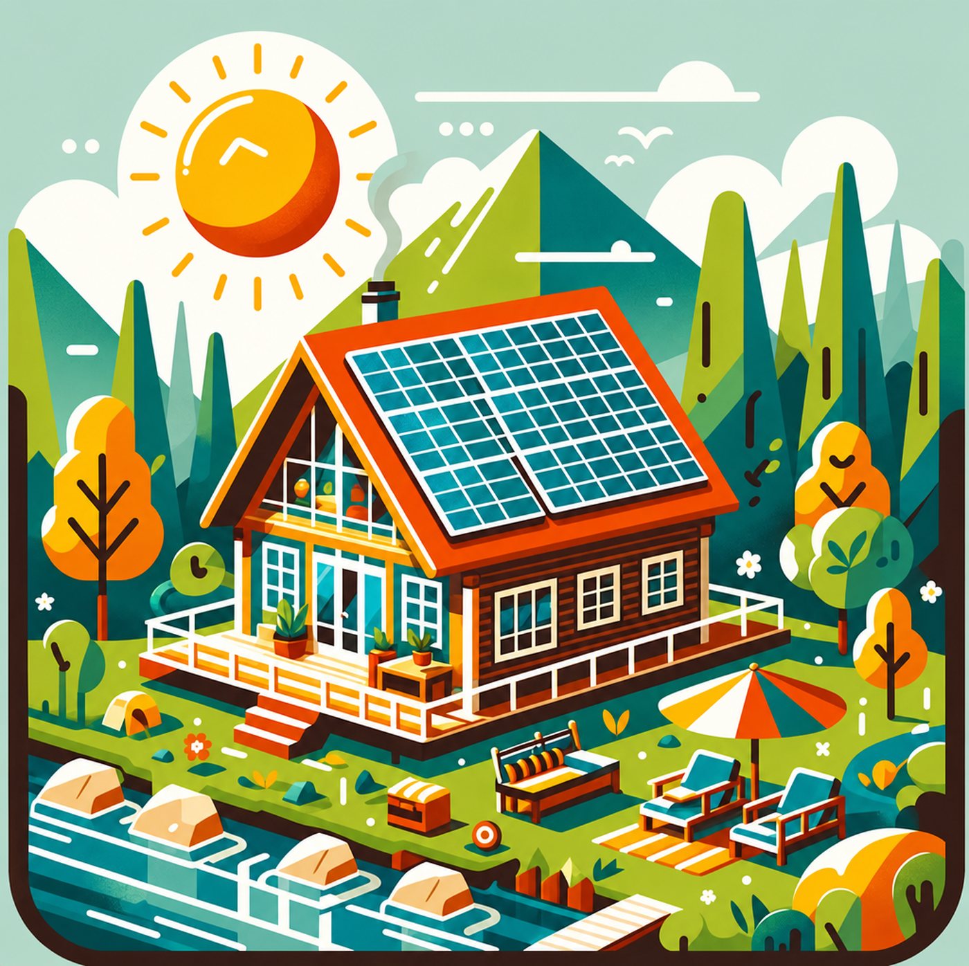 Illustration av en sommarstuga med solceller på taket vid en sjö