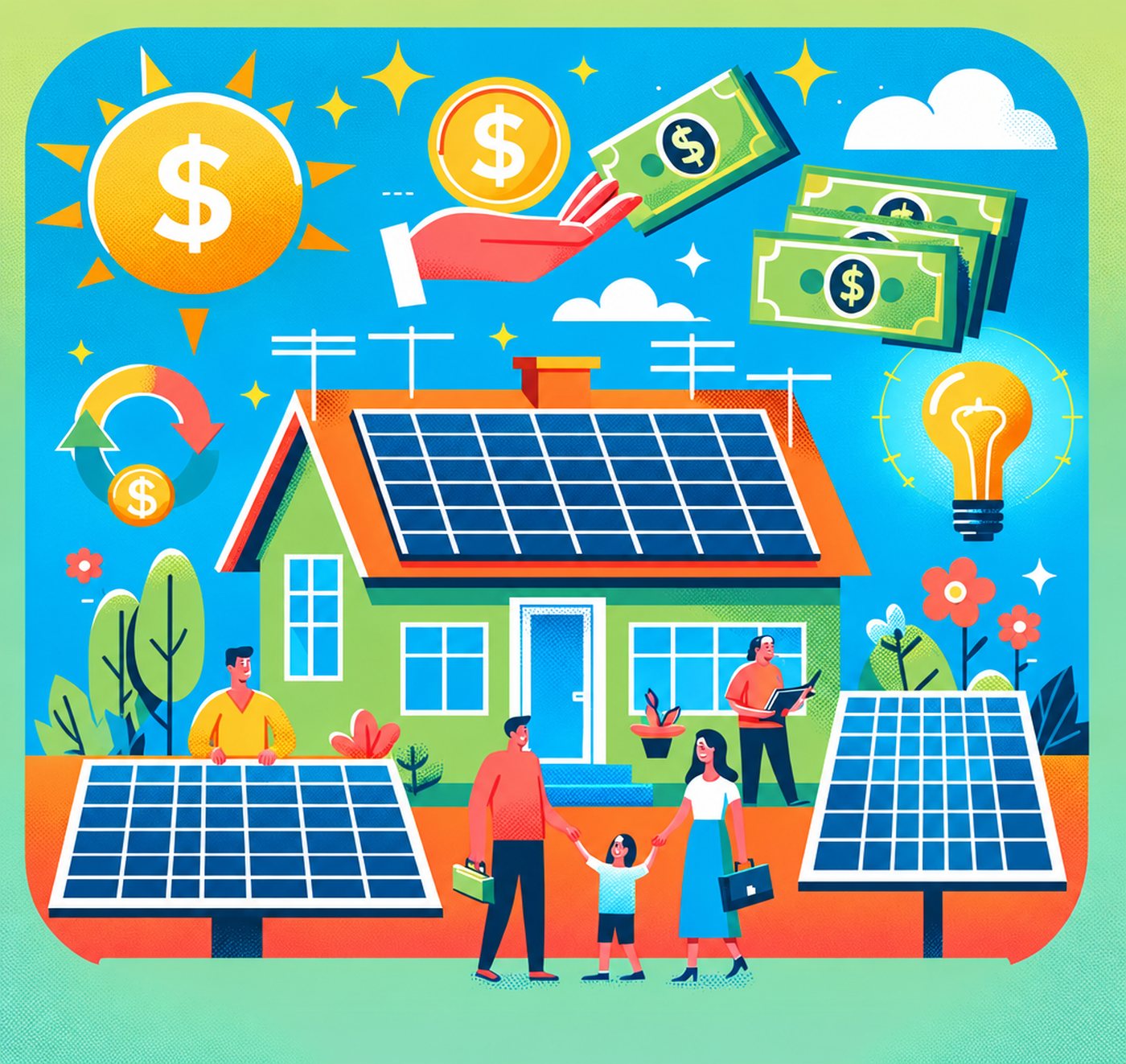 Illustration av hus med solpaneler, familj och symboler för pengar och energi