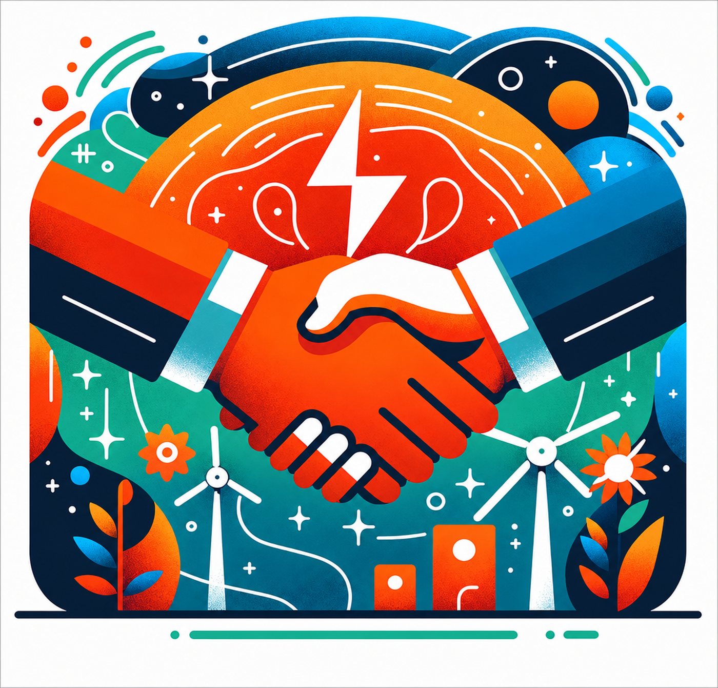 Färgglad illustration av ett handslag med symboler för el och vindkraft