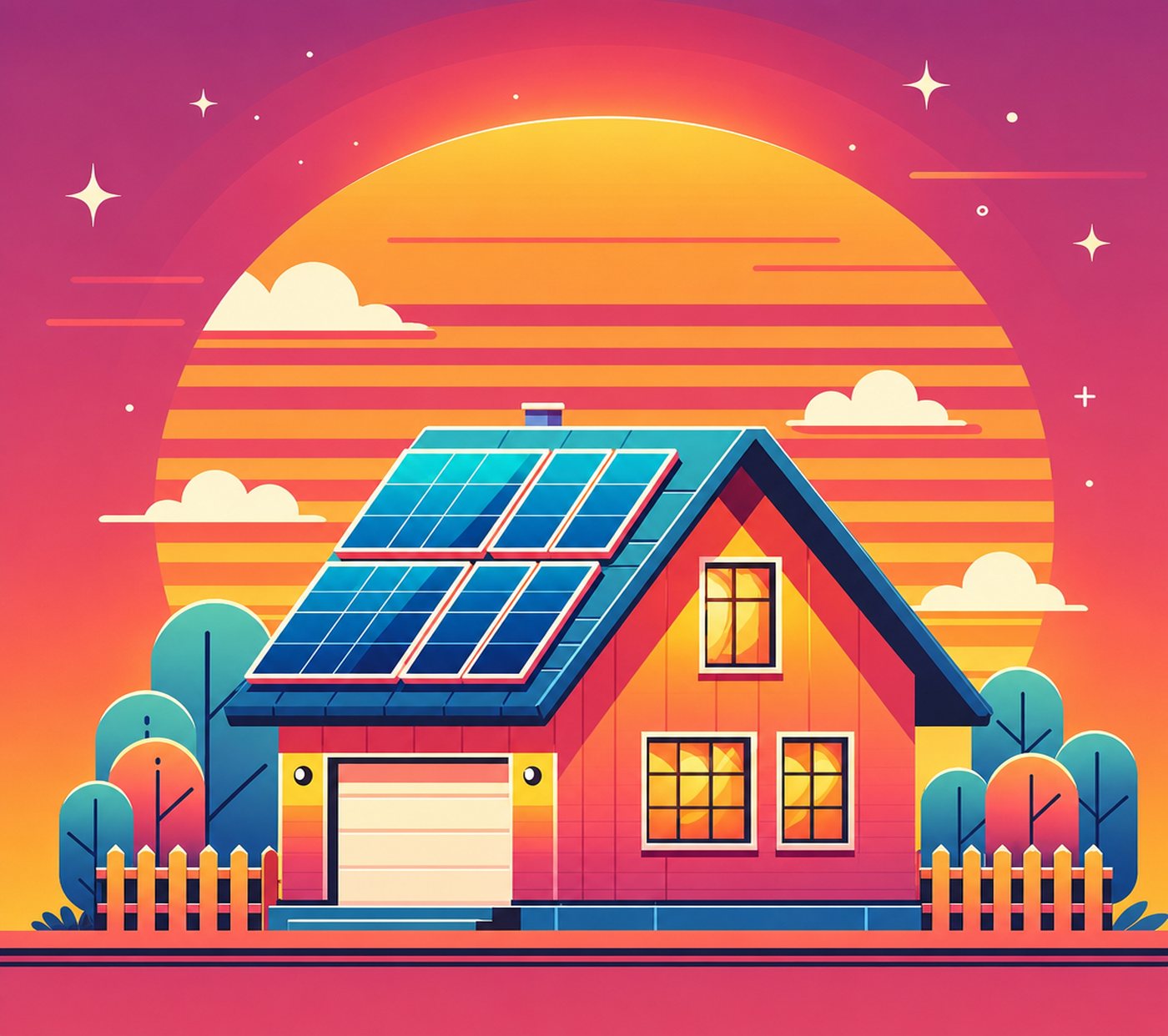 Illustration av ett hus med solpaneler på taket mot en färgglad solnedgång