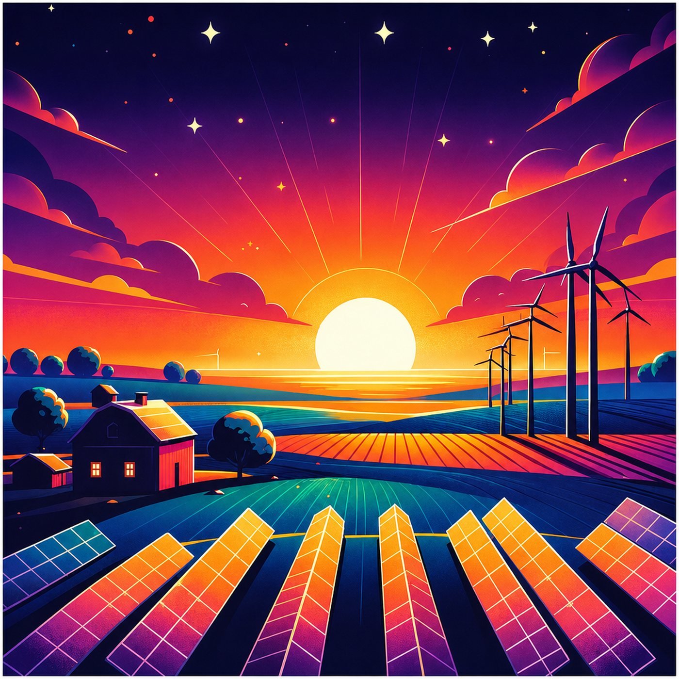 Illustration av solpaneler och vindkraftverk i ett färgglatt landskap vid solnedgång