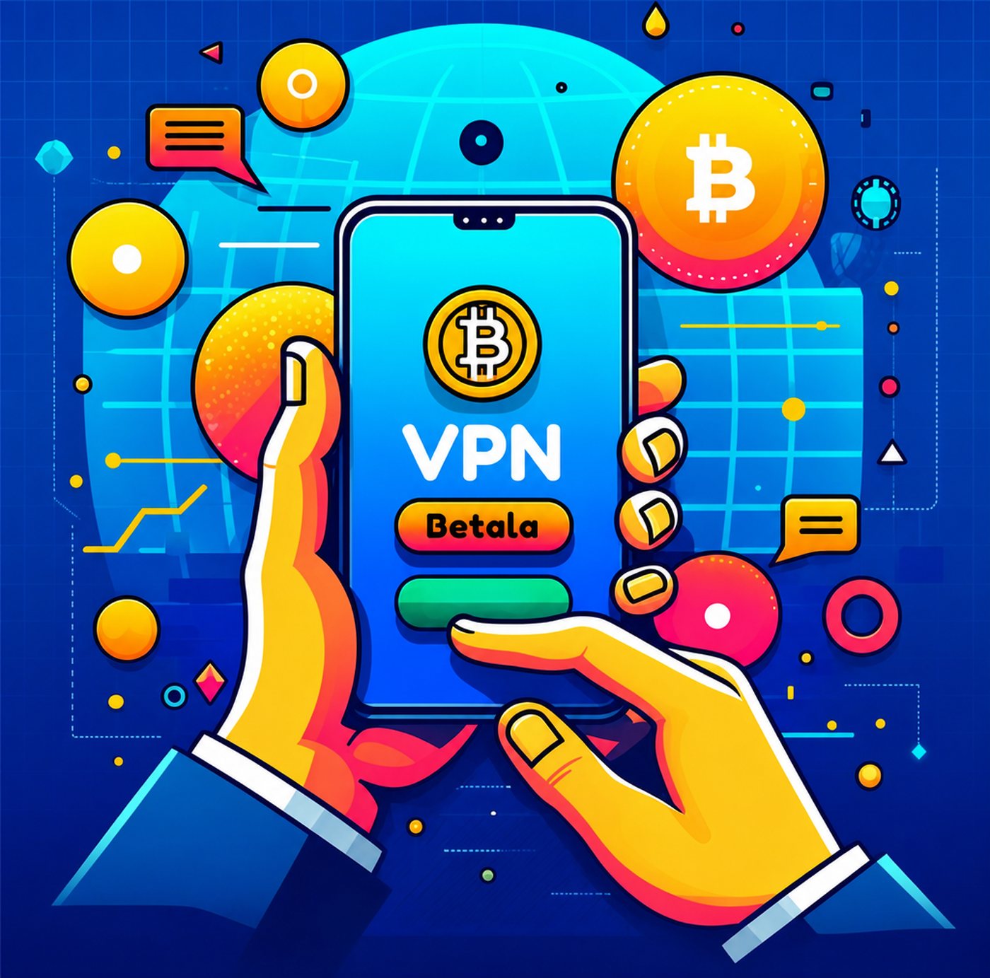 Illustration av händer som håller en smartphone och gör kryptobetalning för VPN-tjänst