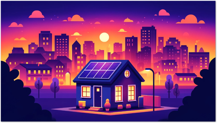 Illustration av ett hus med solpaneler på taket framför en stadssilhuett i solnedgång