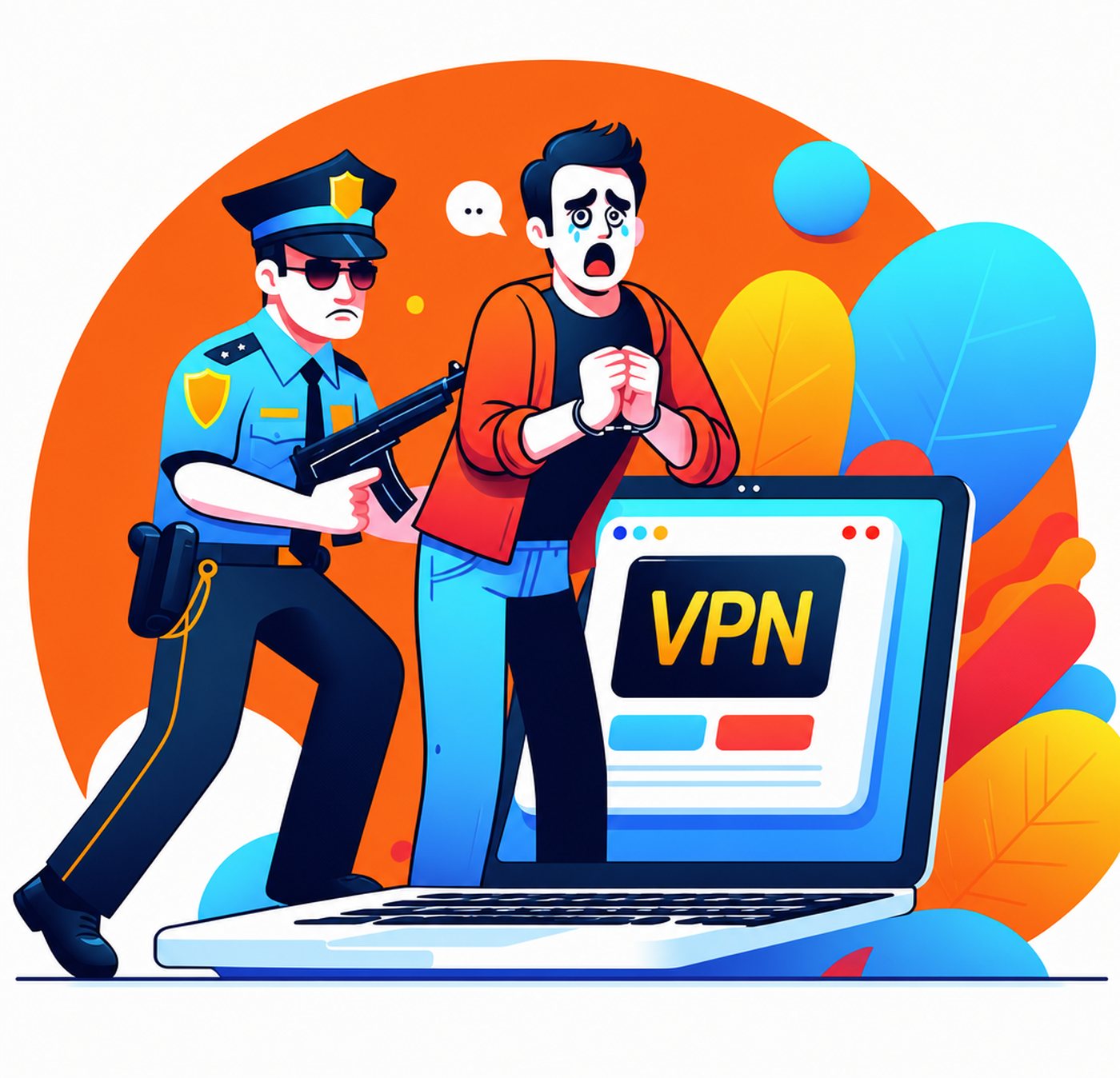 En polis arresterar en gråtande person vid en bärbar dator med VPN-logotyp