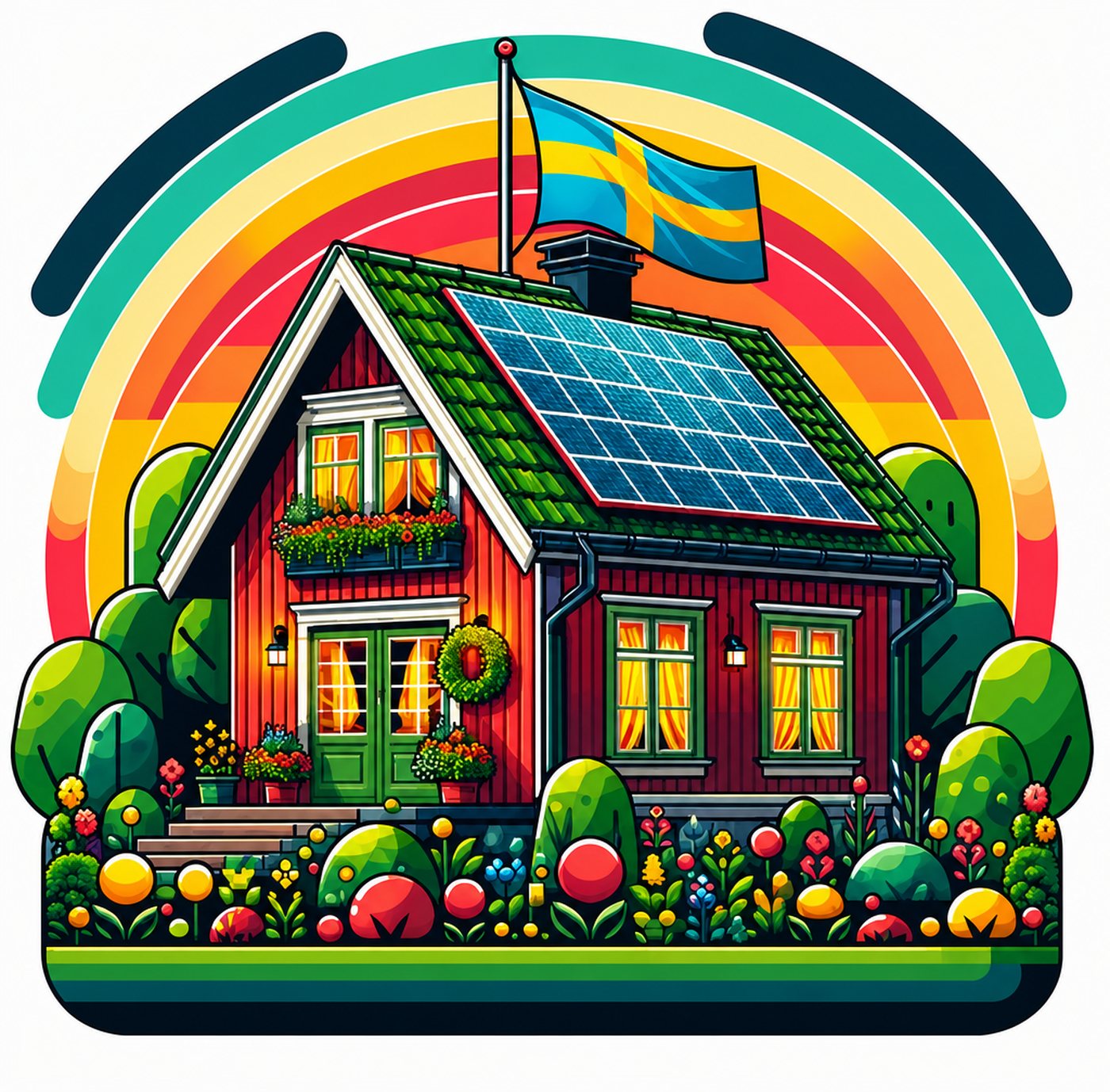 Illustration av rött trähus med solpaneler på taket och svensk flagga