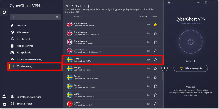 Gränssnittet i CyberGhost VPN som visar en lista över servrar optimerade för streaming