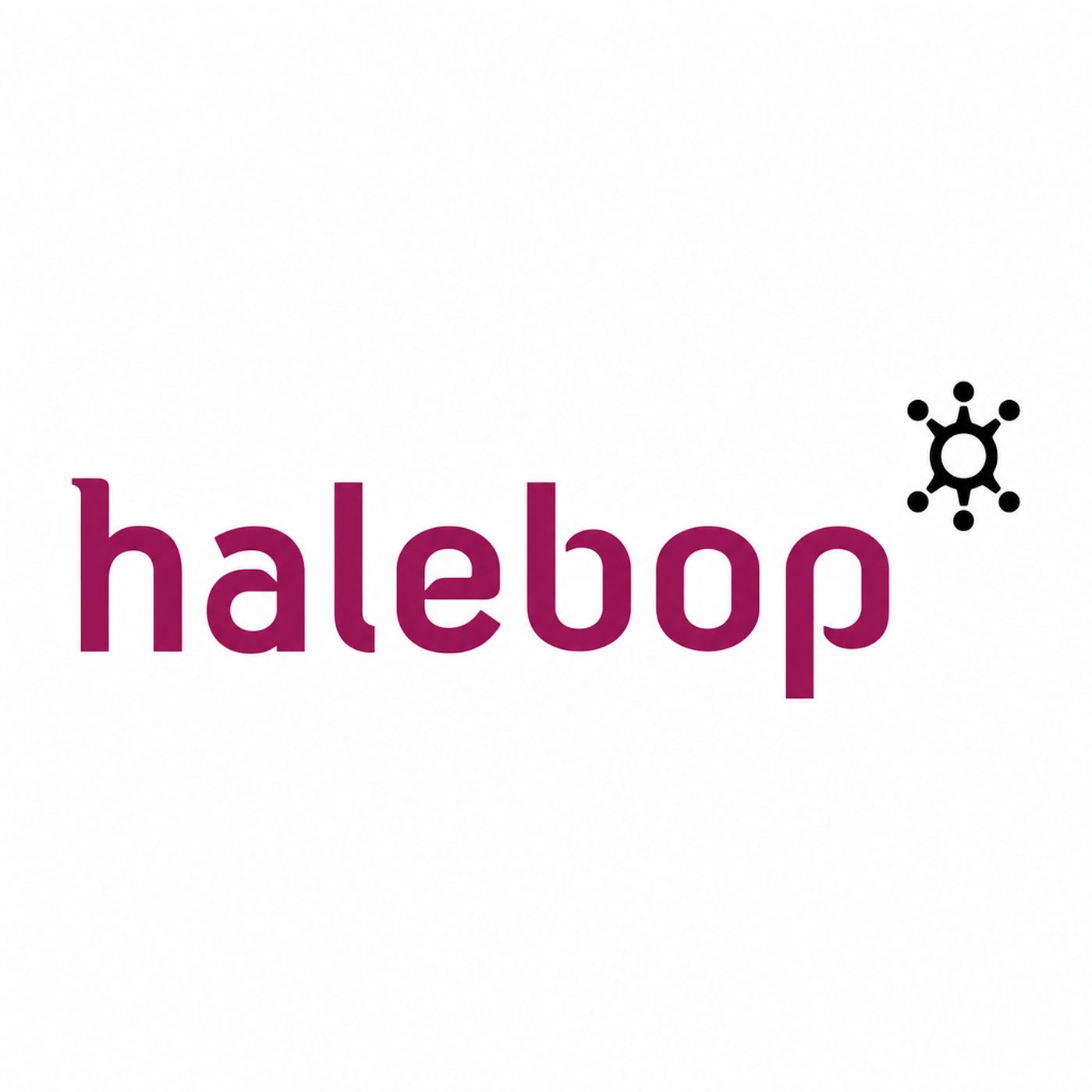 Halebops varumärkeslogotyp med lila text och svart symbol