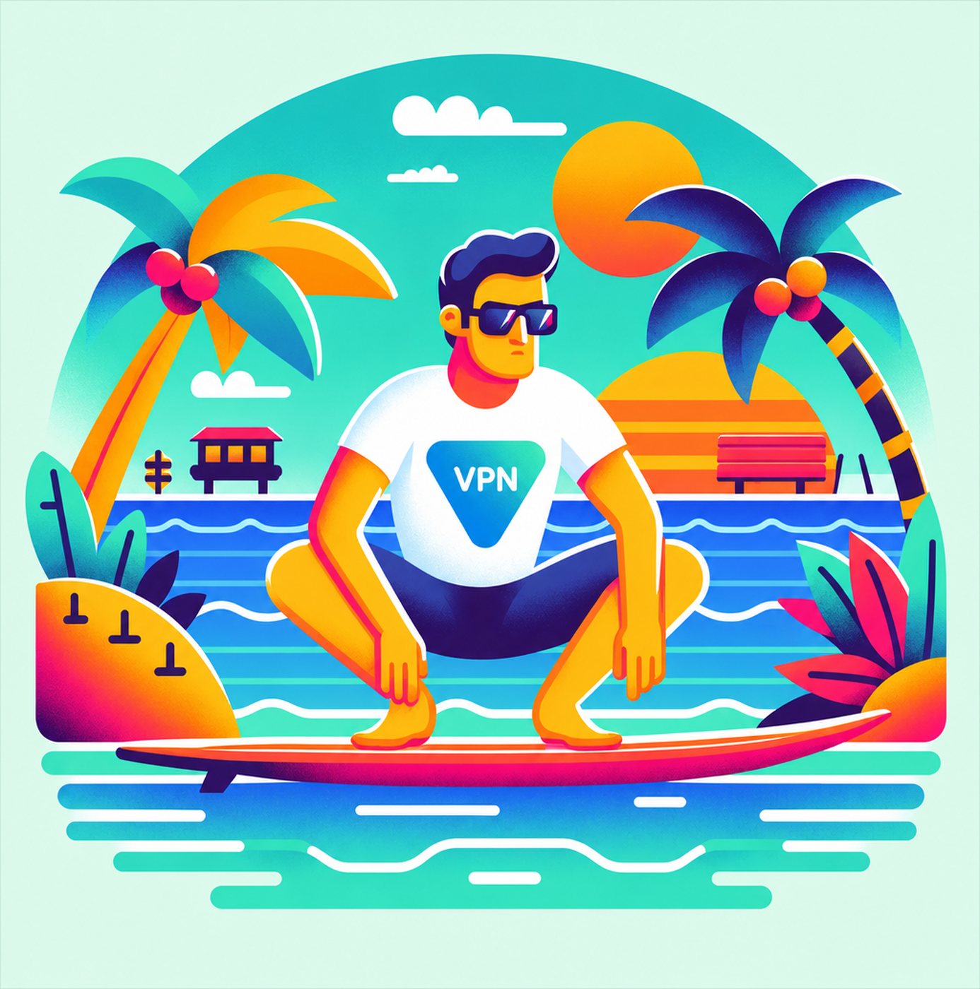 Illustration av person på surfbräda i ett tropiskt landskap med solnedgång