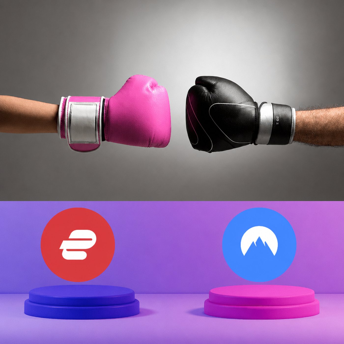 Två boxningshandskar som möts över logotyperna för ExpressVPN och NordVPN på podier