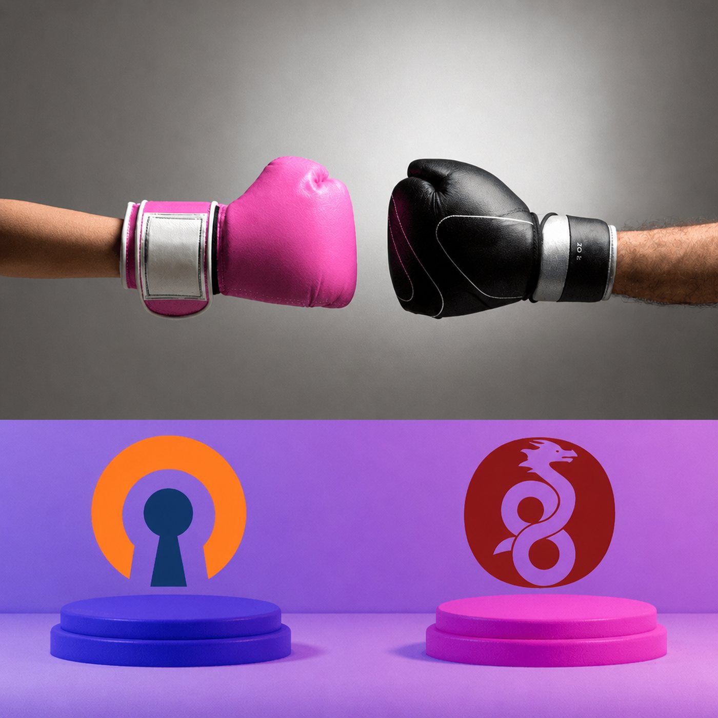 Två boxningshandskar i en duell med logotyper för VPN-tjänster på podier