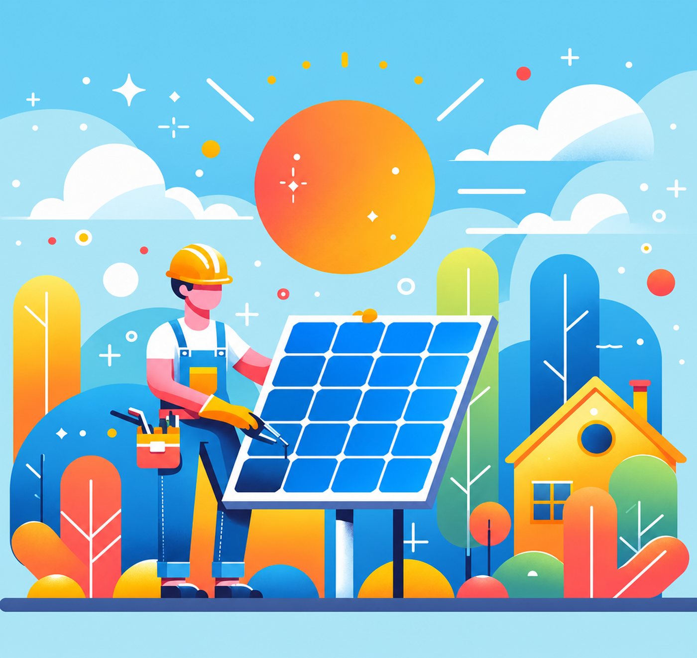 Illustration av tekniker som monterar en solpanel framför ett hus under solig himmel