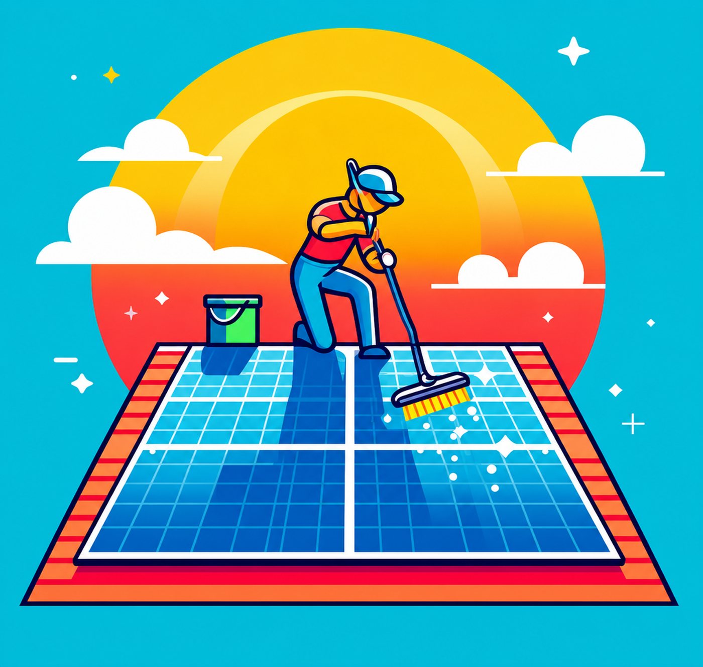 Illustration av person som tvättar solpaneler på ett tak under en solig dag