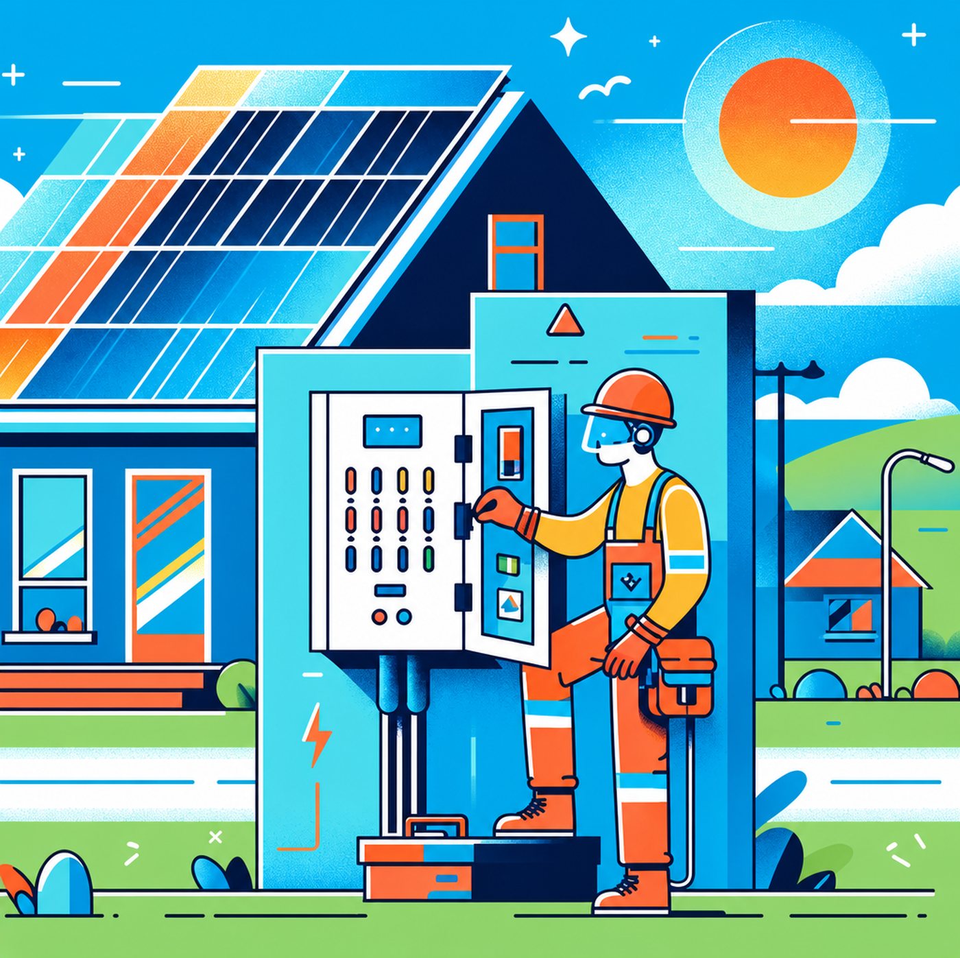 Illustration av elektriker som inspekterar ett elskåp vid ett hus med solpaneler