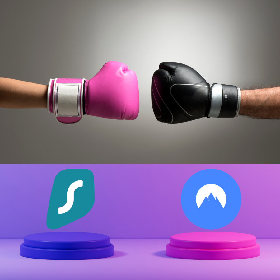 En rosa och en svart boxningshandske som möts ovanför två logotyper på podier